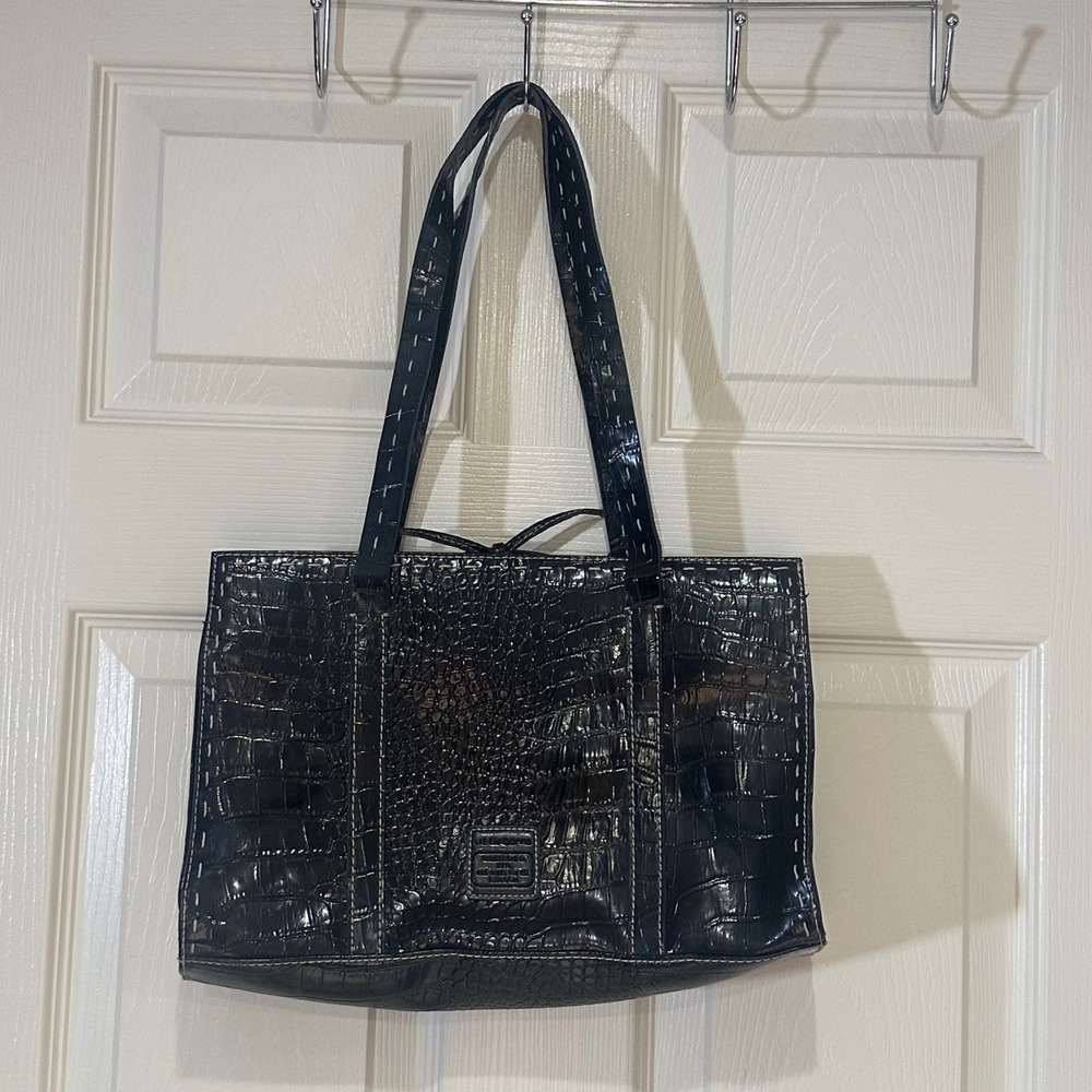 Liz Claiborne Black Croc Embossed Tote Bag White Stitching Shoulder Bag